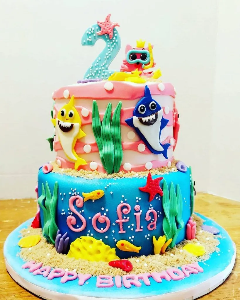 2. Two-tier Baby Shark Party Cake — photo inspiration